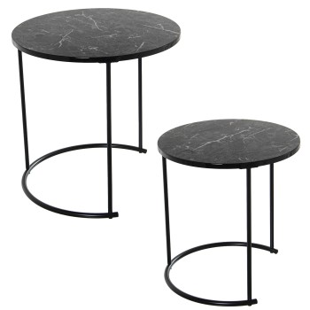 Set 2 Mesas Auxiliares Metal/madera Acabado Mármol Negro Ø42x44cm+ø50x49cm