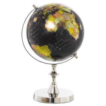 Globe Terrestre En Aluminium Finition Nickel - Noir - Globe: Ø20cm- 21x20x35cm, Base:ø14,5cm
